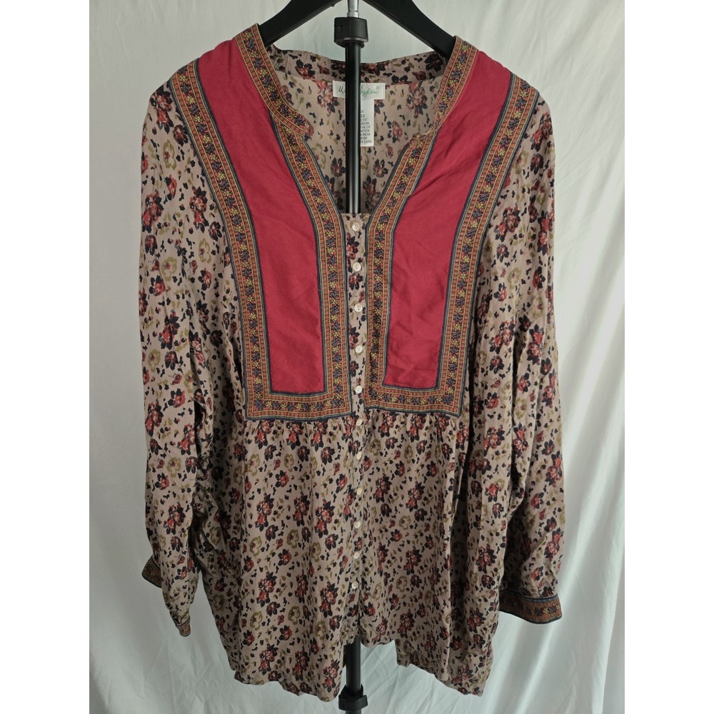 Ulla Popken Size 20/22 Boho Floral Peasant Top Red‎ Bib Yoke Button Front A-Line